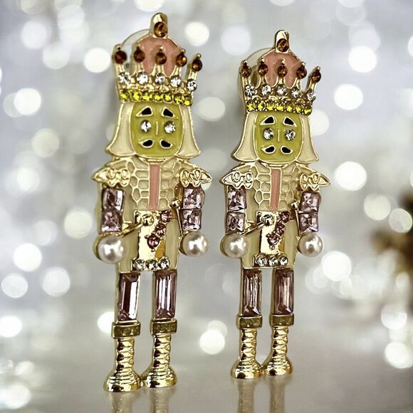 Festive Pink Nutcracker Stud Earrings with Shimmering Rhinestones - Picture 2 of 4